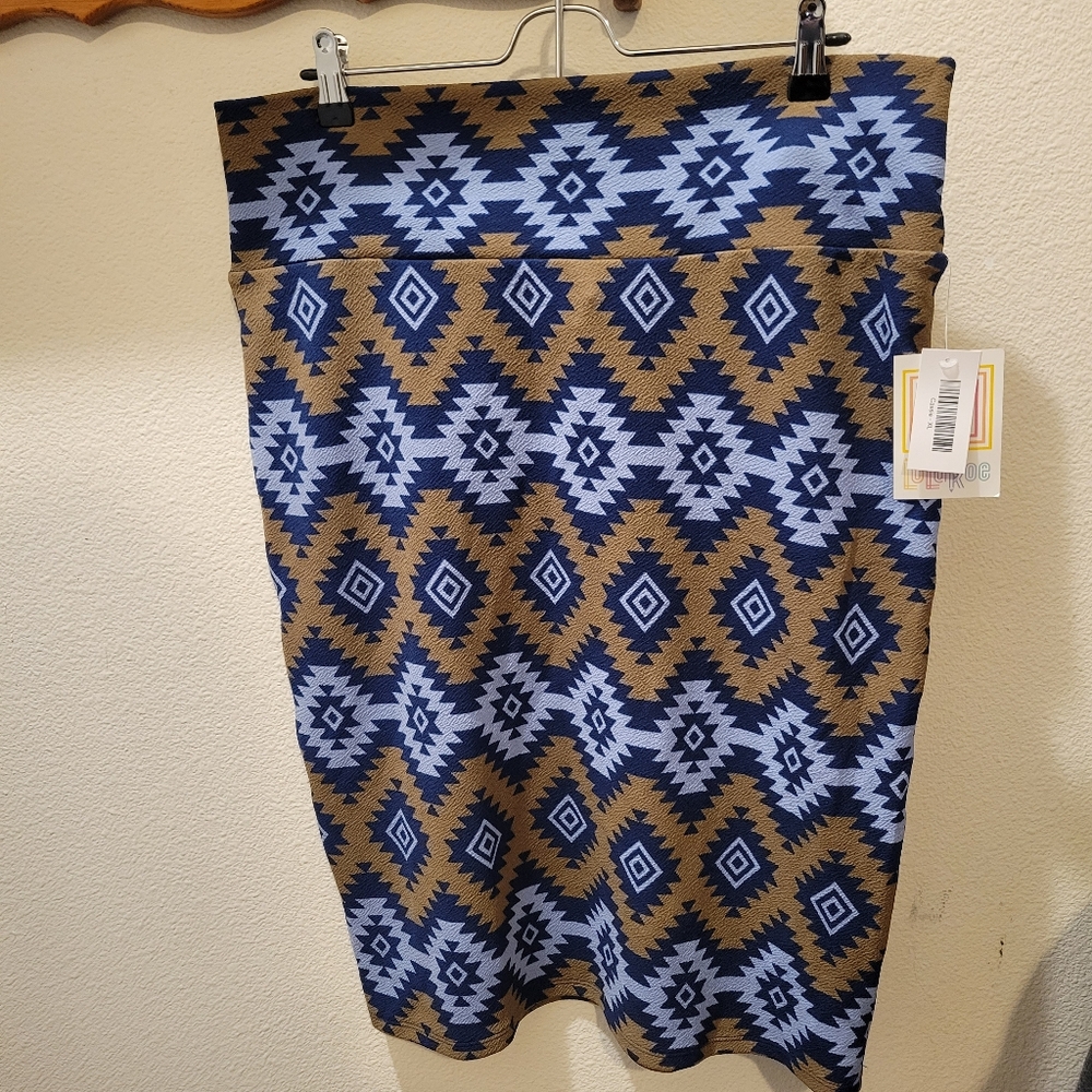 LuLaRoe Cassie Womens XL Midi Skirt Print Blue Geometric Career Casual NWT